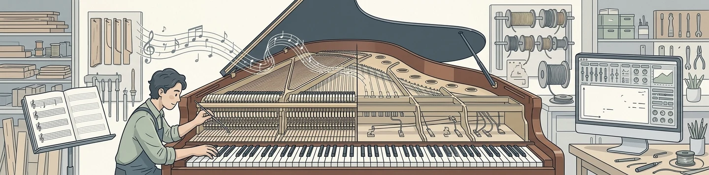 Line illustration of a grand piano in a workshop, drawn in cutaway: the left half has a full set of hammers and strings that a technician is tuning while music flows out, while the right half has the same keys but only a sparse skeleton of mechanism behind them, with a monitor of levels and graphs on a bench nearby.