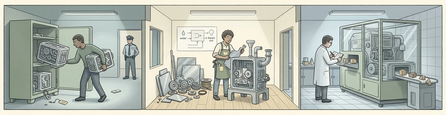 Three-panel line illustration. Left, a man carries machines out of a forced-open storeroom while a security guard looks on, standing for piracy. Centre, a mechanic builds his own machine from loose gears and sheet metal, guided by a diagram of water in and steam out, standing for functional cloning. Right, a technician in a lab coat feeds blocks into a sealed glass machine and records what comes out, standing for black-box reverse engineering.