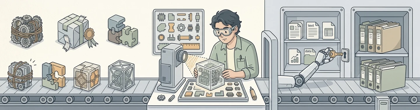 Line illustration of a software supply line. Bundles of gears, taped boxes with seals and mismatched puzzle pieces ride a conveyor towards a technician in safety glasses, who inspects a transparent cube of components under a scanner. Beyond a barrier, a robotic arm reaches for a key in the lock of a cabinet of documents, spreadsheets and data files.