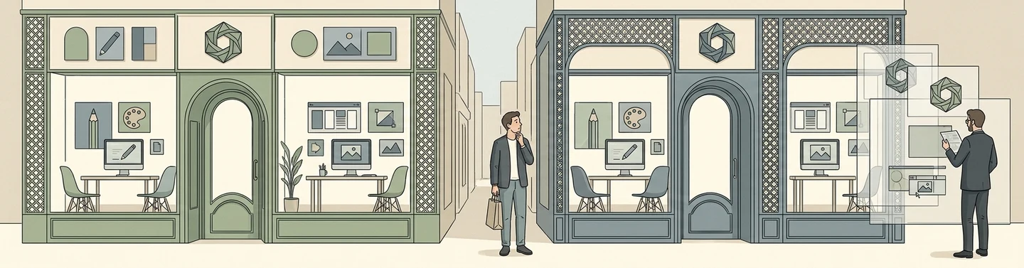 Line illustration of two shopfronts side by side, one green and one slate grey, with the same arched doors, lattice panels, hexagonal emblem and window displays of design tools. A shopper with a bag pauses between them, unsure which is which, while a man in a suit on the right compares translucent overlays of the emblem against a document.