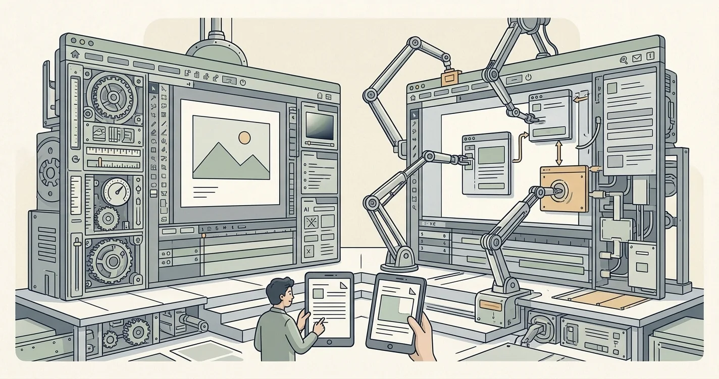 Editorial illustration of two large software workstations facing each other: on the left, a familiar image editor built from gears, gauges and dials; on the right, a near-identical interface being assembled by robotic arms that place its panels and components. A person compares documents on a tablet between them.