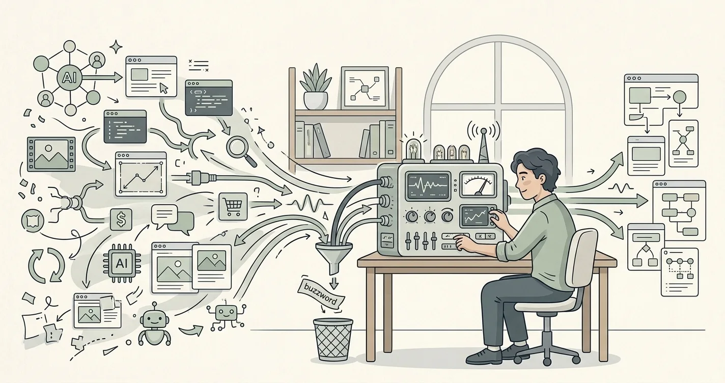 Editorial illustration of a person at a desk working a console of dials, sliders and a waveform screen, filtering a drifting cloud of browser windows, code editors, charts, chat bubbles, a shopping cart, an AI chip and small robots through a funnel. A tag reading buzzword falls into the wastepaper basket while tidy diagrams flow out to the right.