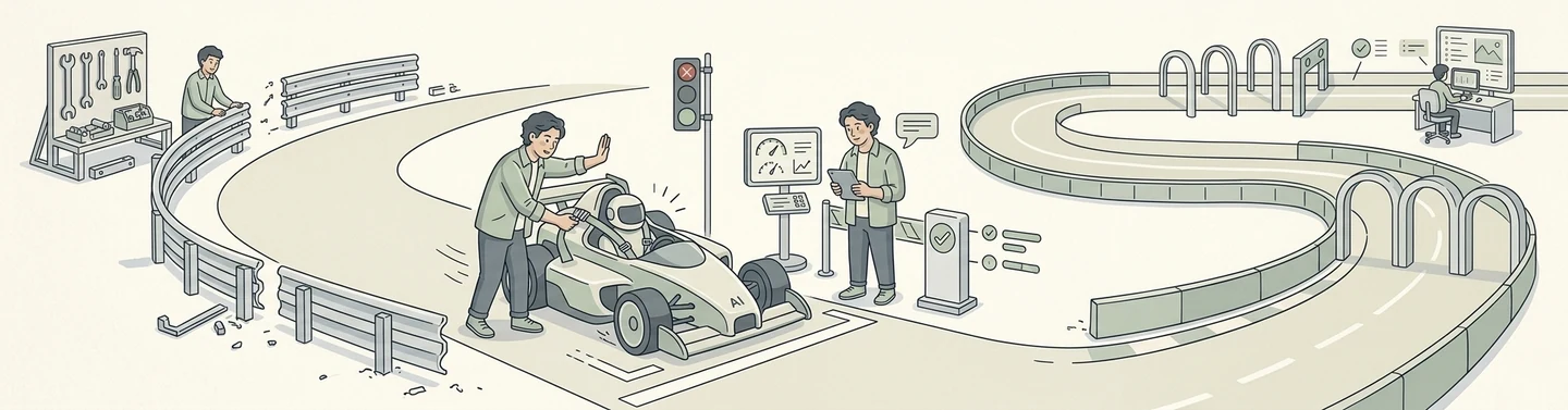 Line illustration of a pit lane beside a winding racetrack: a mechanic works on a single-seater car while an engineer checks a screen, surrounded by a tool wall, timing displays, a signal light, guard rails and a monitoring station further down the track.