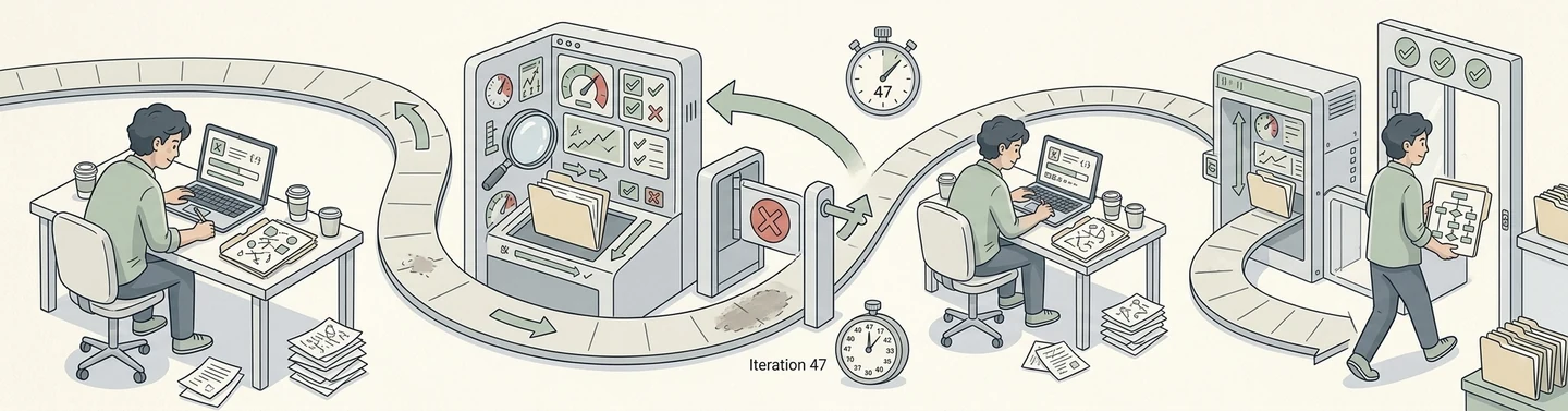 Line illustration of a looping conveyor track. A person at a laptop sends work into an inspection machine covered in gauges, ticks and crosses; a rejected result curves back past stopwatches labelled Iteration 47 to the same desk, and a later pass finally clears a gate showing three green ticks.