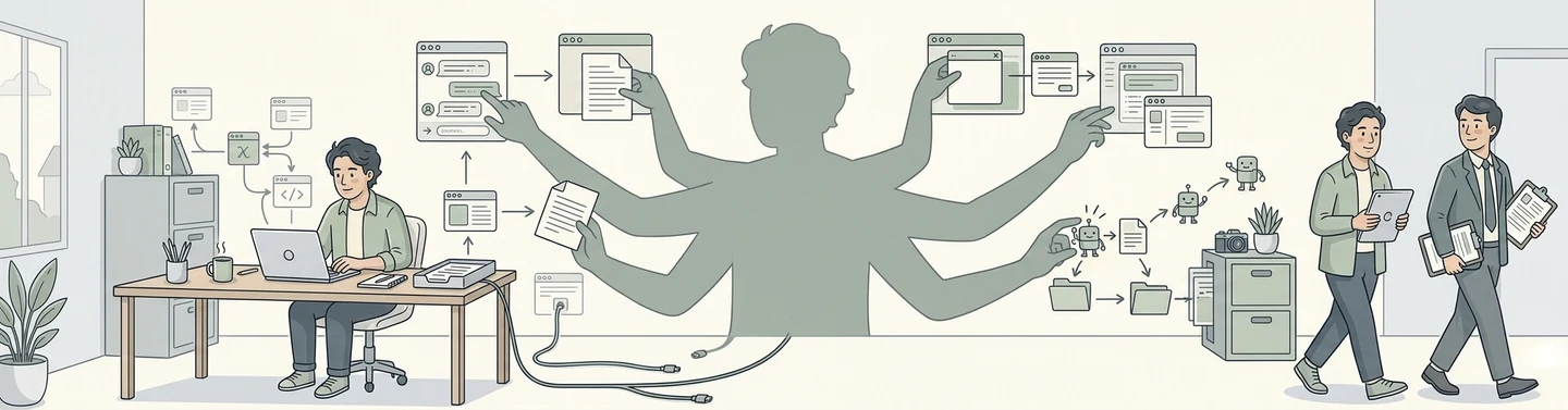 Line illustration of an office where one person works at a laptop while a large translucent many-armed figure behind them handles chat windows, documents, browser panels and small robot helpers along dotted paths that skirt the filing cabinets. Two colleagues walk past without noticing it.