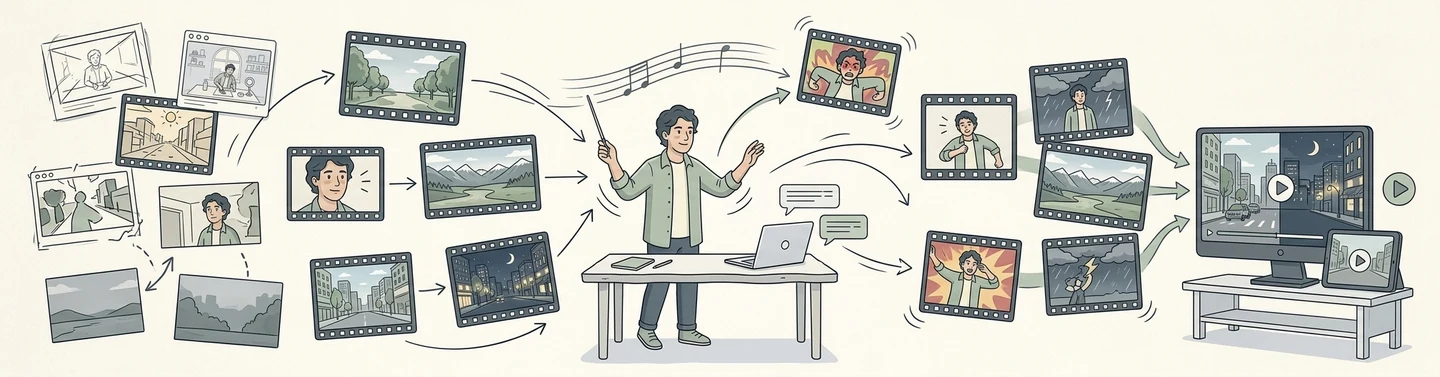 Line illustration of a person standing at a desk with a laptop, holding a baton and gesturing as loose reference sketches on the left become film-strip frames of landscapes, a night-time street, mountains and a character reacting, which flow past musical notes and chat bubbles and assemble on the right into a finished video playing on a monitor and a phone.